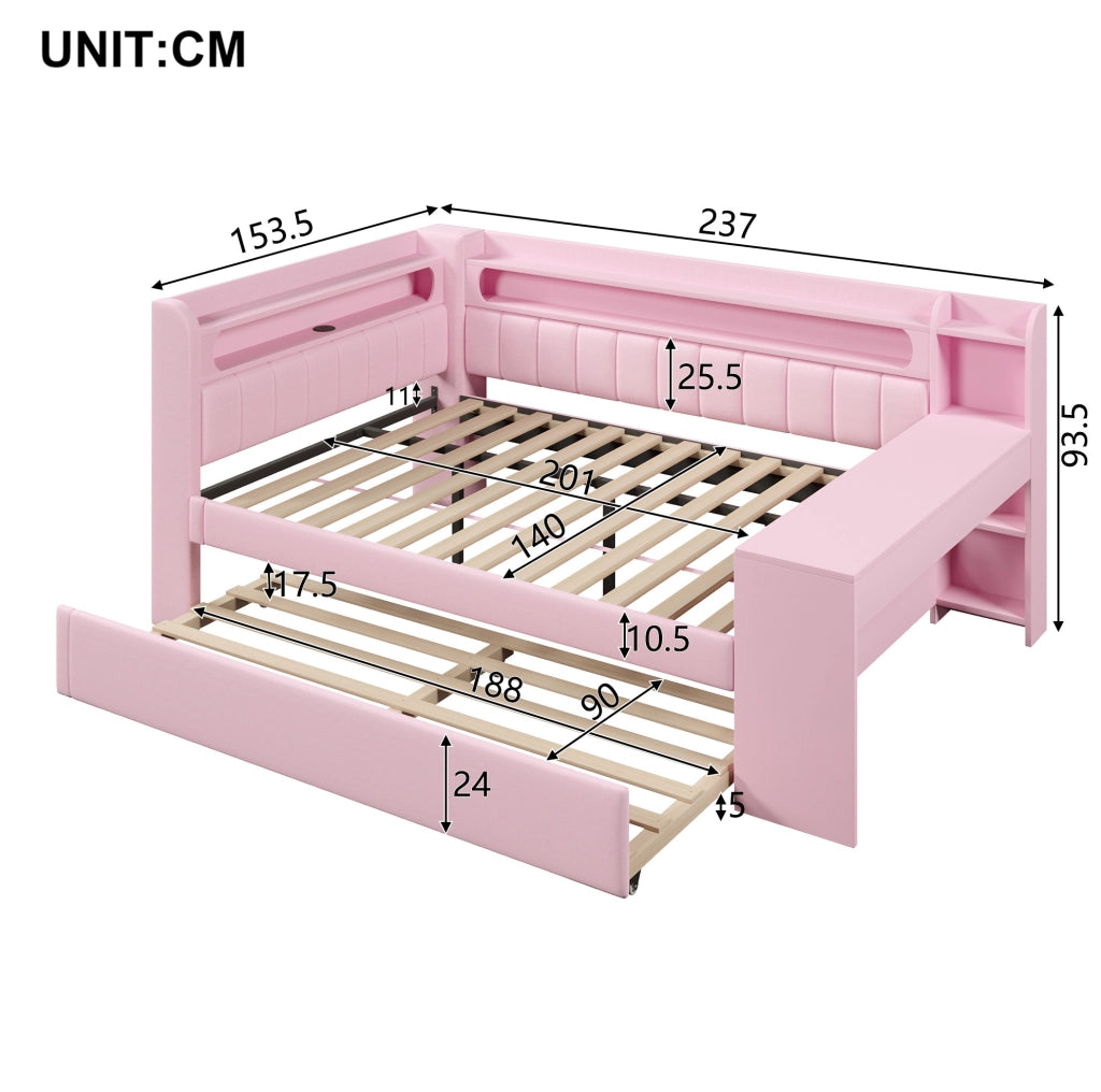 Letto a soppalco imbottito 140x200 cm rosa con LED; USB; letto estraibile e scrivania