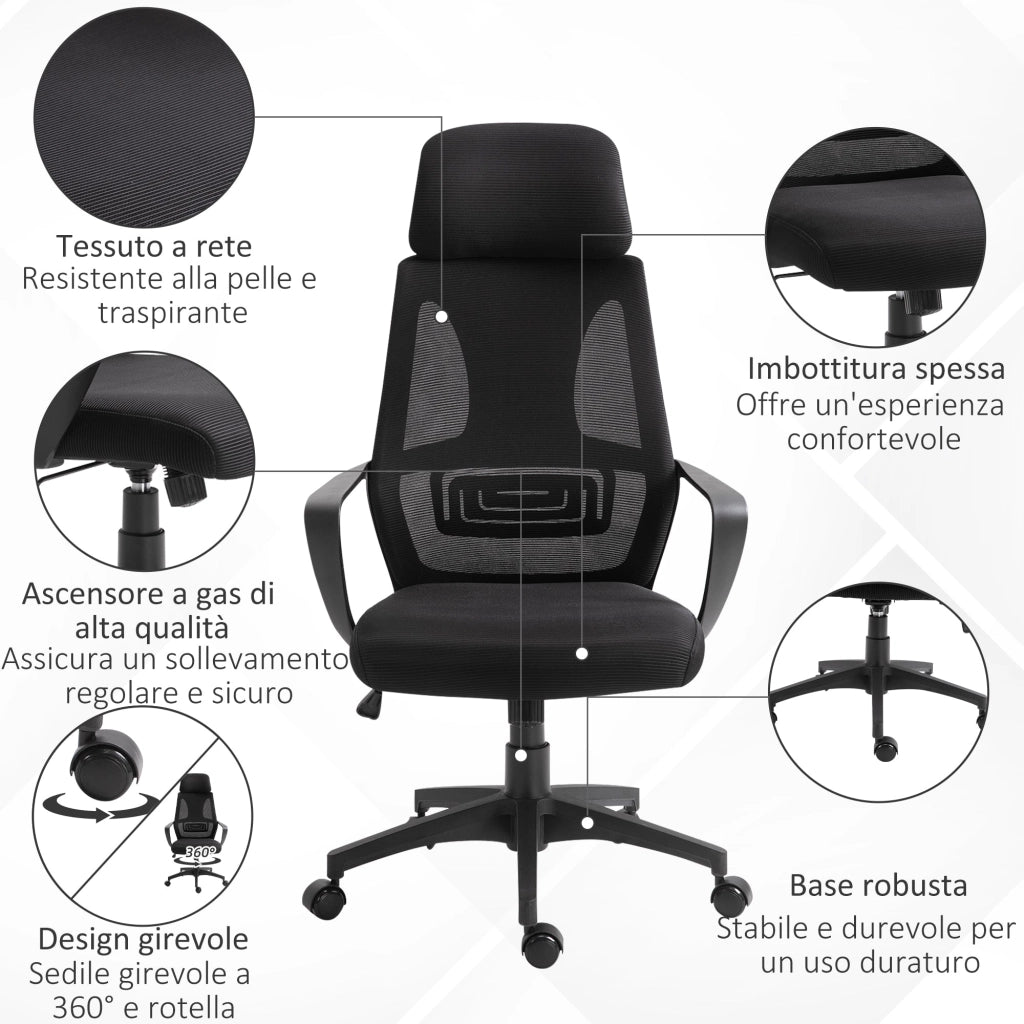 Sedia Operativa da Ufficio Reclinabile con Poggiatesta e Supporto Lombare 64x55x116-126 cm Nero