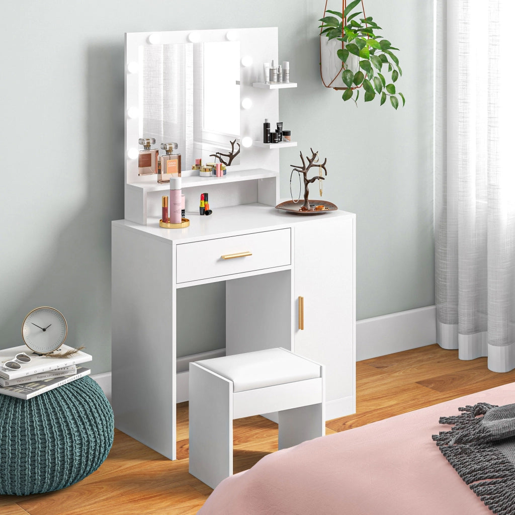 Cassettiera con specchio LED e sgabello ¨C Xylo ¨C bianco con cassetti e ripiani