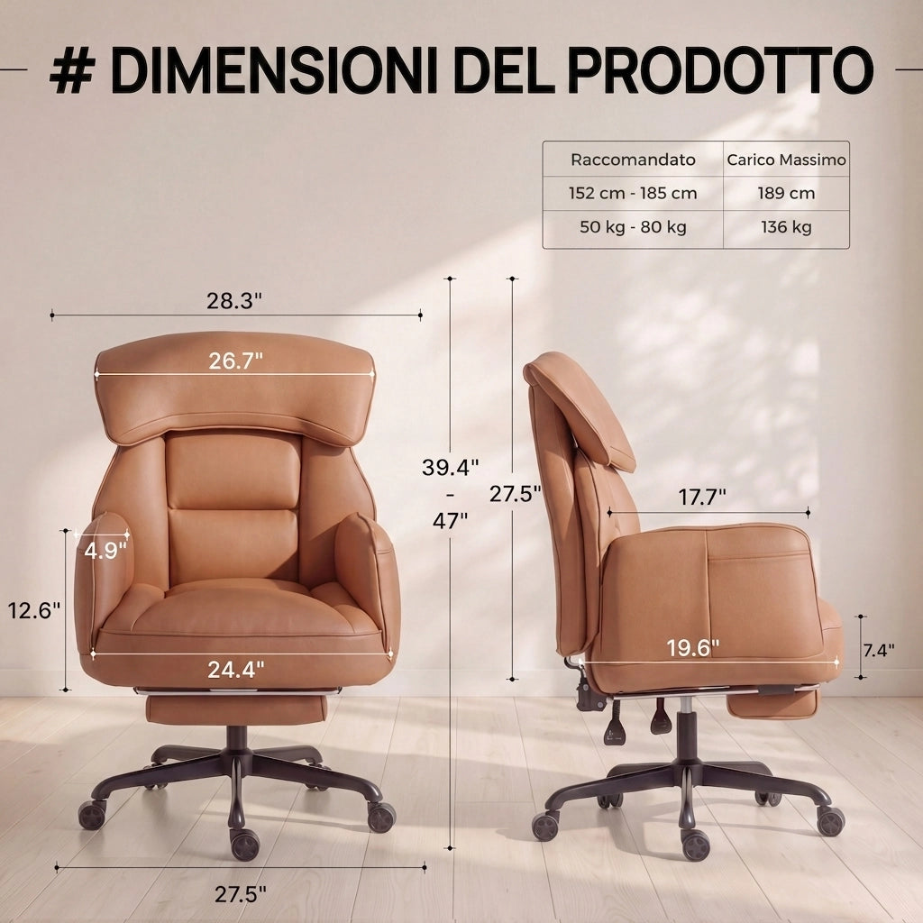 Sedia da ufficio ergonomica - Con corrimano e poggiapiedi - Con braccioli regolabili - Schienale regolabile - Marrone