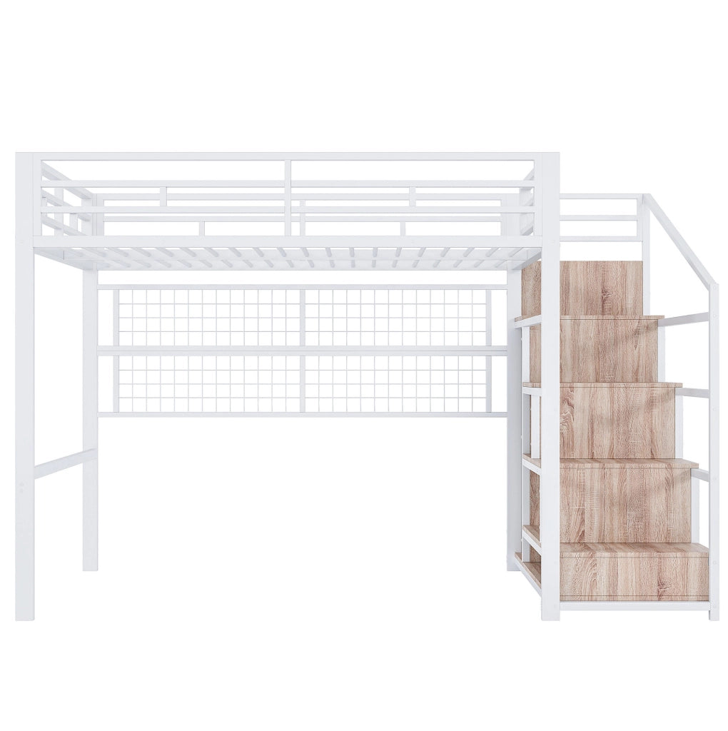 Letto a soppalco 140x200 cm in metallo bianco con scala contenitore; griglia portaoggetti e LED 7 colori