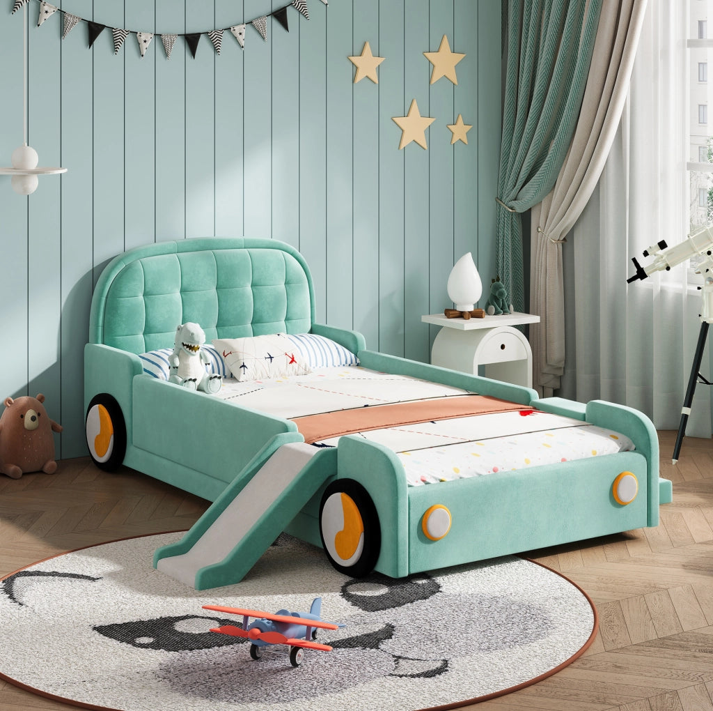 Letto per bambini a forma di auto con scivolo e scala 90x200 cm