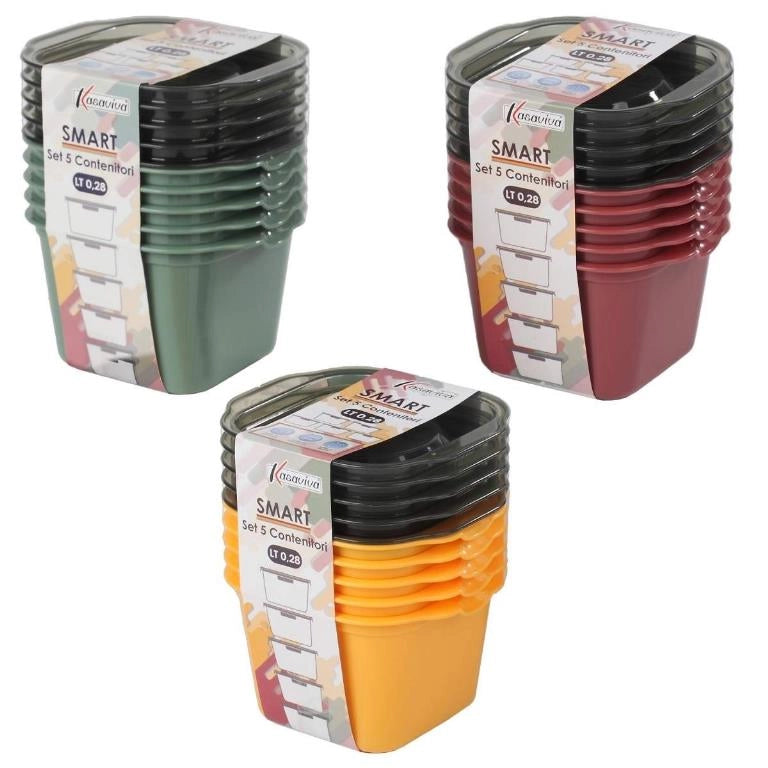 Set 5 Pezzi Frigobox per Alimenti Quadrato Smart Maia 0,28 Litri 3 Colori