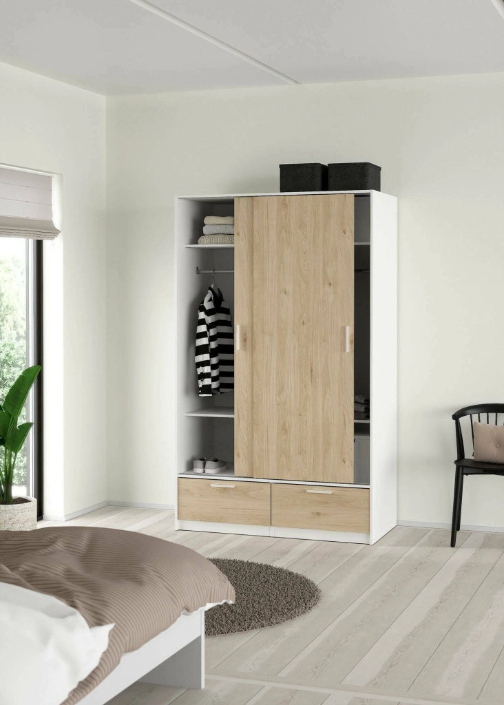 Guardaroba 2 ante Kammuri, Mobile camera da letto, Cabina armadio portabiti, Armadio appendiabiti, 121x60 h200 cm, Bianco e Rovere