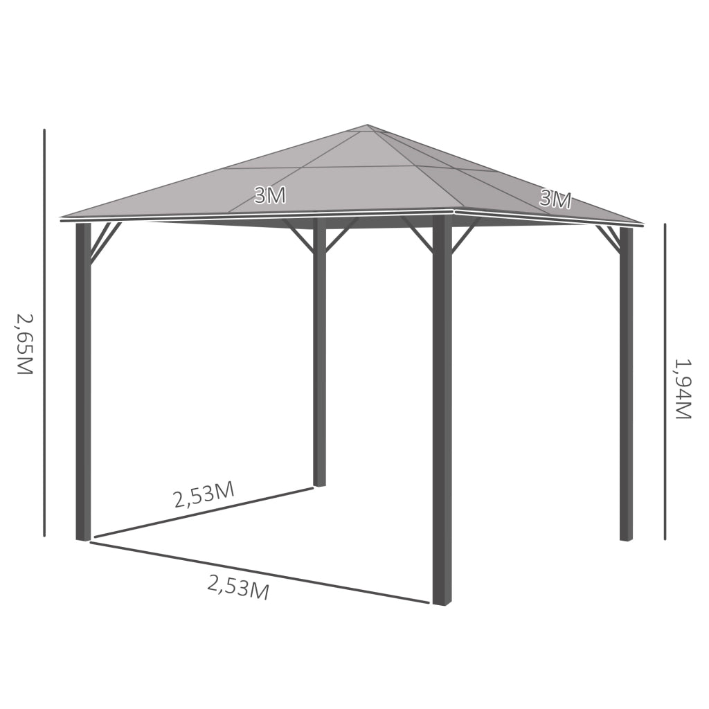 Gazebo con tetto in policarbonato e tende con zanzariera ¨C Zephmum ¨C Grigio scuro 300x300 cm