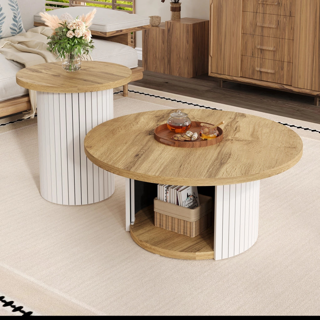Tavolino da Caffè Rotondo con Tavolino Ausiliario, Spazio Di Archiviazione, Stile Nordico per Soggiorno, in MDF, Naturale