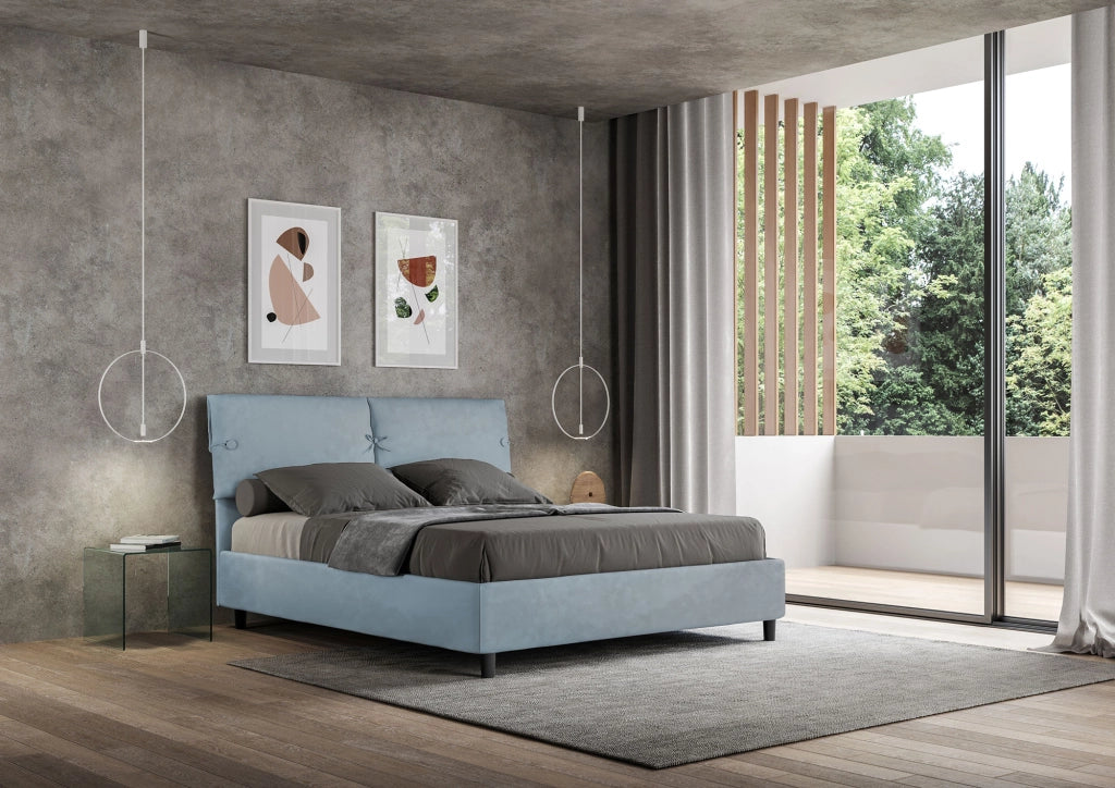 BS COM Letto matrimoniale con rete imbottito 160x210 microfibra azzurro