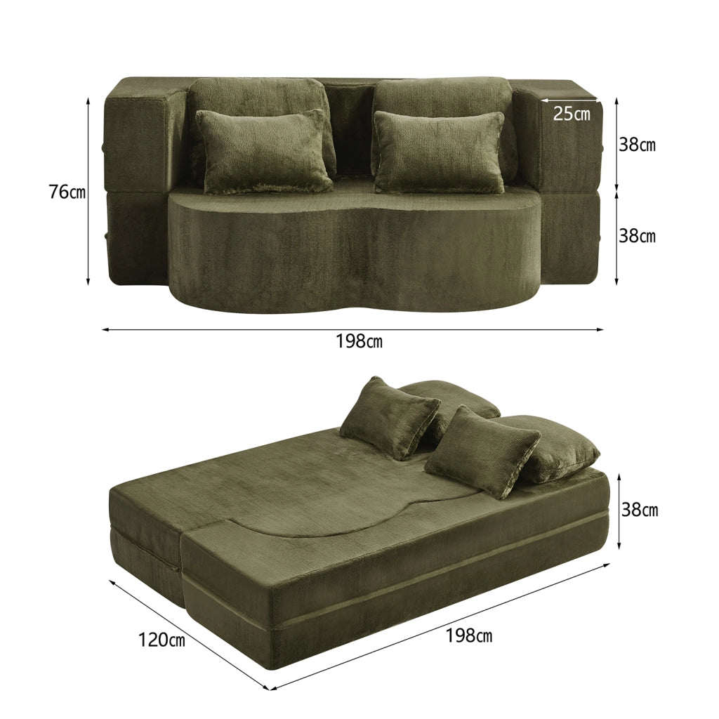 Divano letto modulare verde 2 in 1, 4 cuscini, tessuto peluche, schiuma e molle