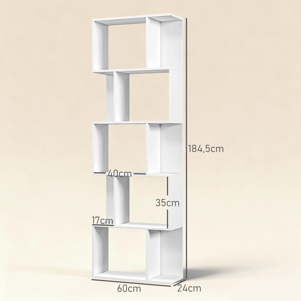 Libreria a S 5 Livelli 10 Ripiani ¨C Xylo ¨C Bianco 60x24x184,5 cm