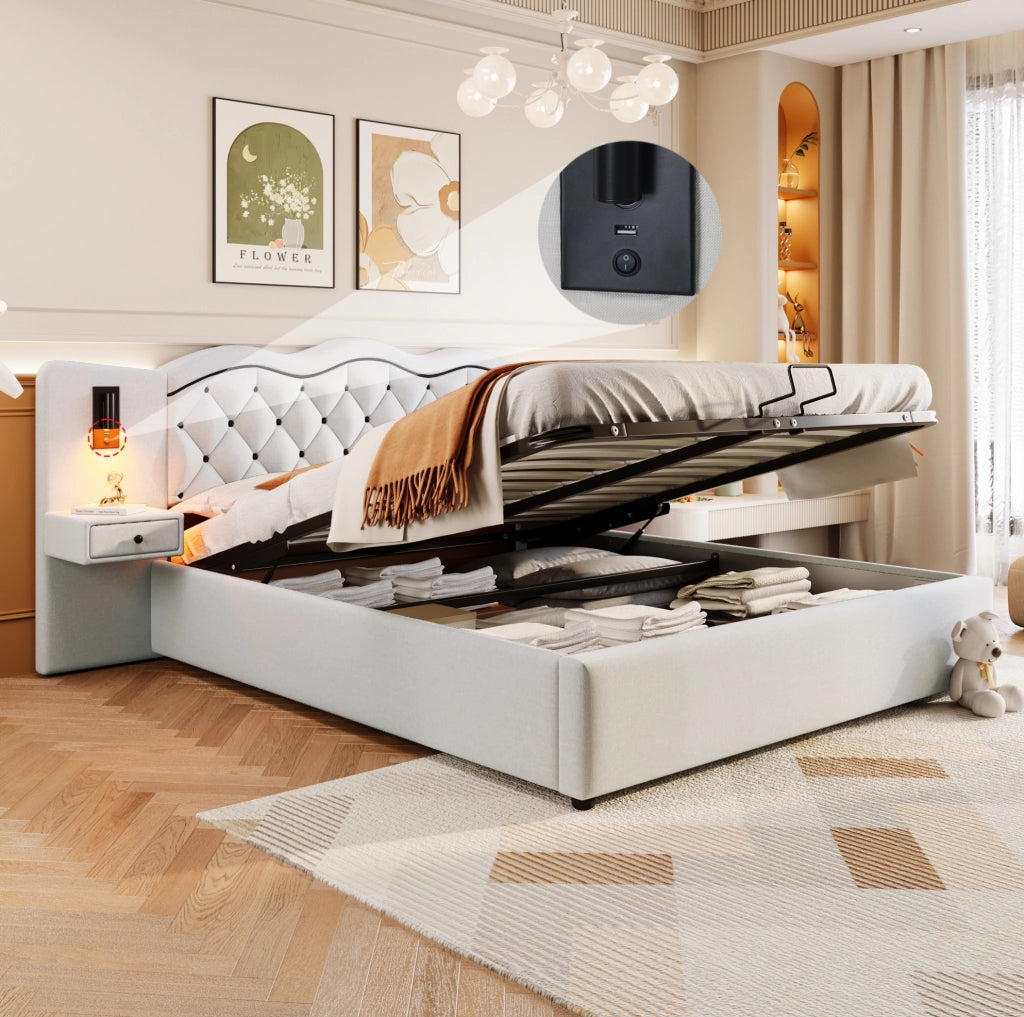 Letto imbottito 180x200 cm con contenitore, USB e luci integrate