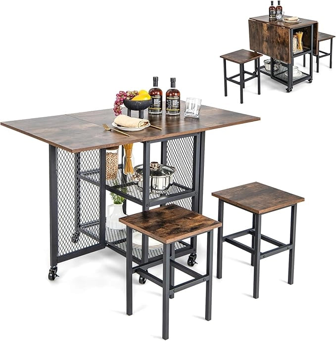 Set Tavolo da Pranzo Pieghevole 3 Pezzi, Tavolo da Pranzo Estendibile con 2 Sgabelli, con Ruote Bloccabili, 2 Ripiani di Archiviazione a Rete, Set da Pranzo per Soggiorno, Sala da pranzo