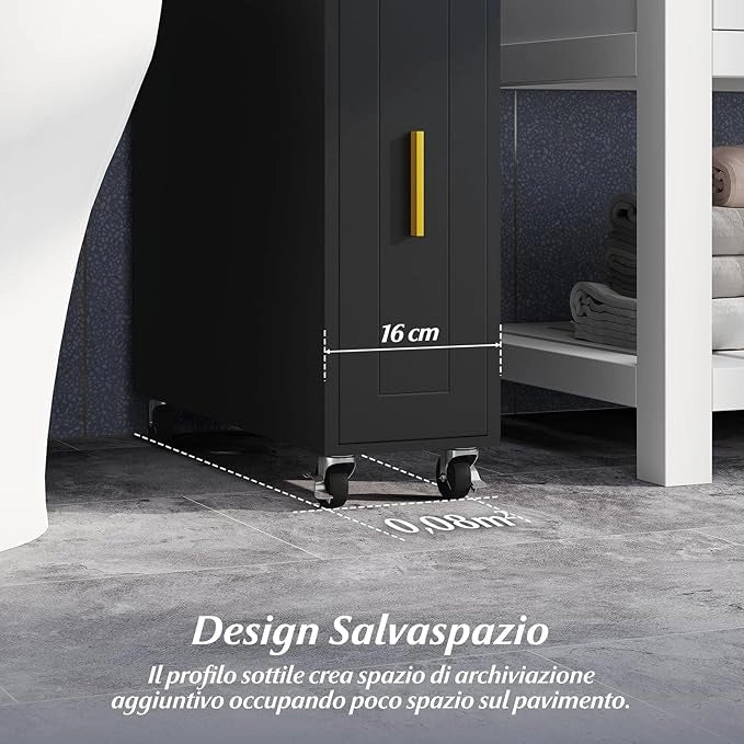 Credenza da Bagno Piccolo, Mobile Salvaspazio Stretto e Slim con Cassetto Scorrevole, Porta Fazzoletti, Portascopino e Ruote Bloccabile, Armadietto per Spazi Ridotti (Nero)