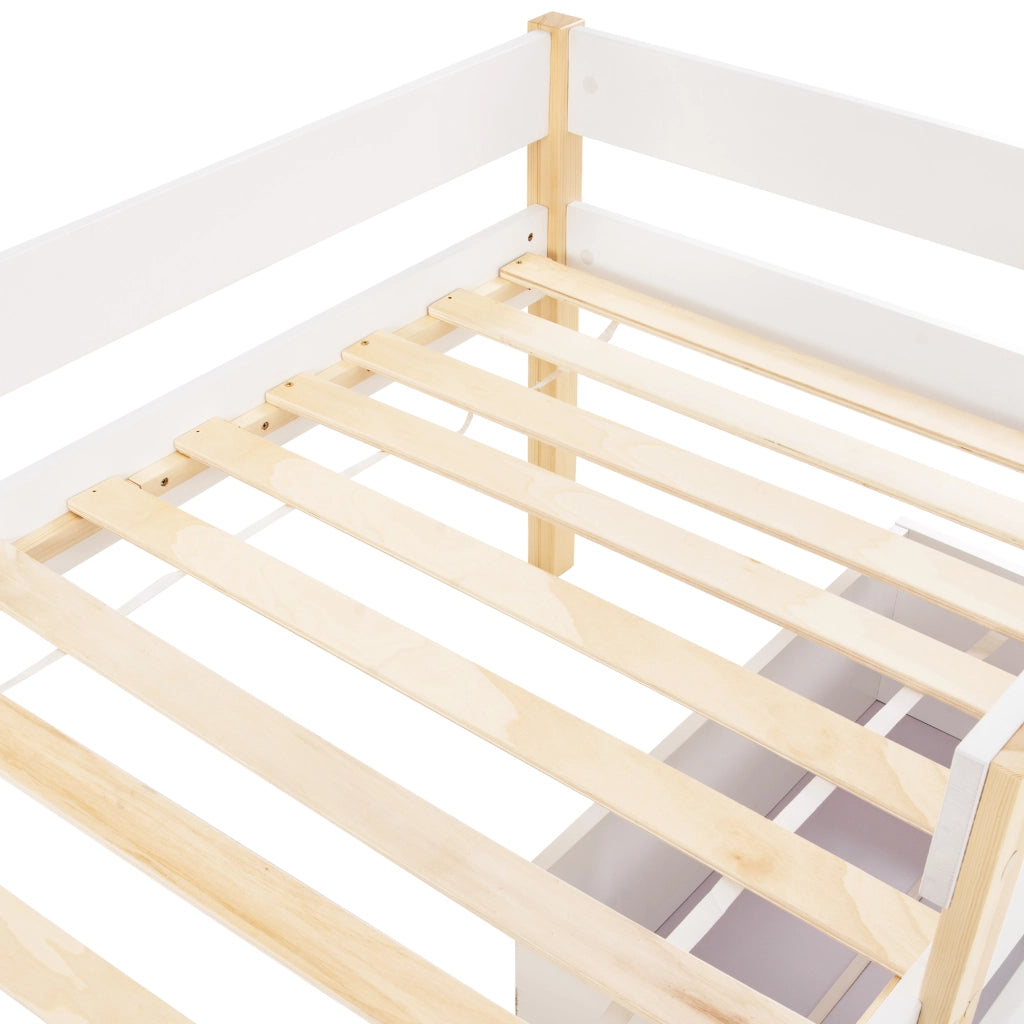 DESMIU Letto per bambini rialzato 1 posto con 2 cassetti e barriera 90 × 190 cm, senza materasso, legno massello bianco
