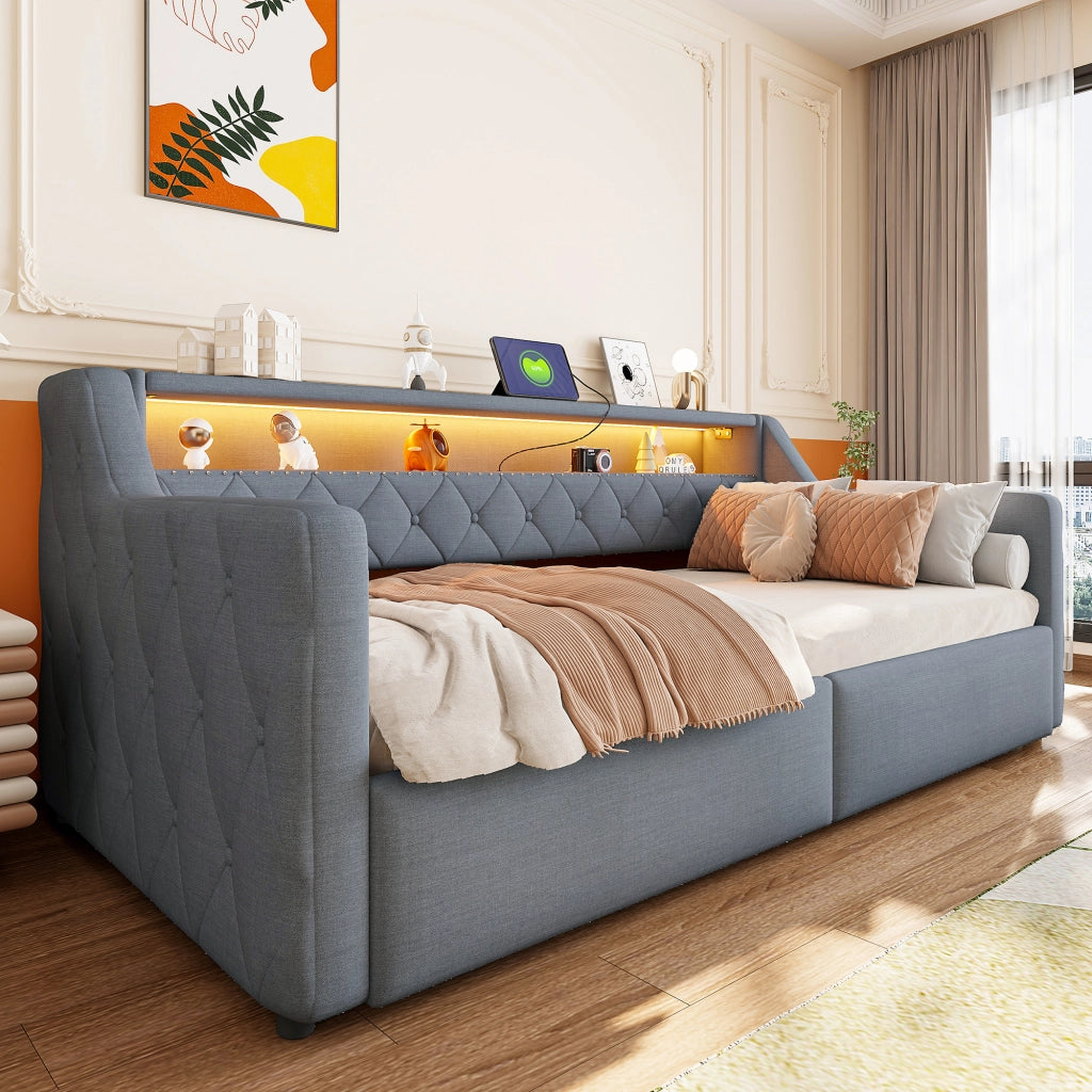 Letto divano 90 × 200 cm con LED, contenitore idraulico, USB e Type-C, senza materasso, grigio