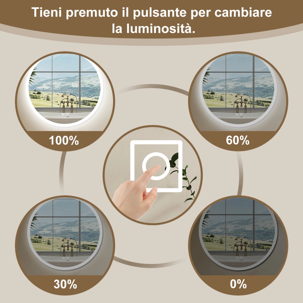 AICA Specchio Da Bagno Rotondo Da 80cm con LED, Antiappannamento, 3 Temperature Colore
