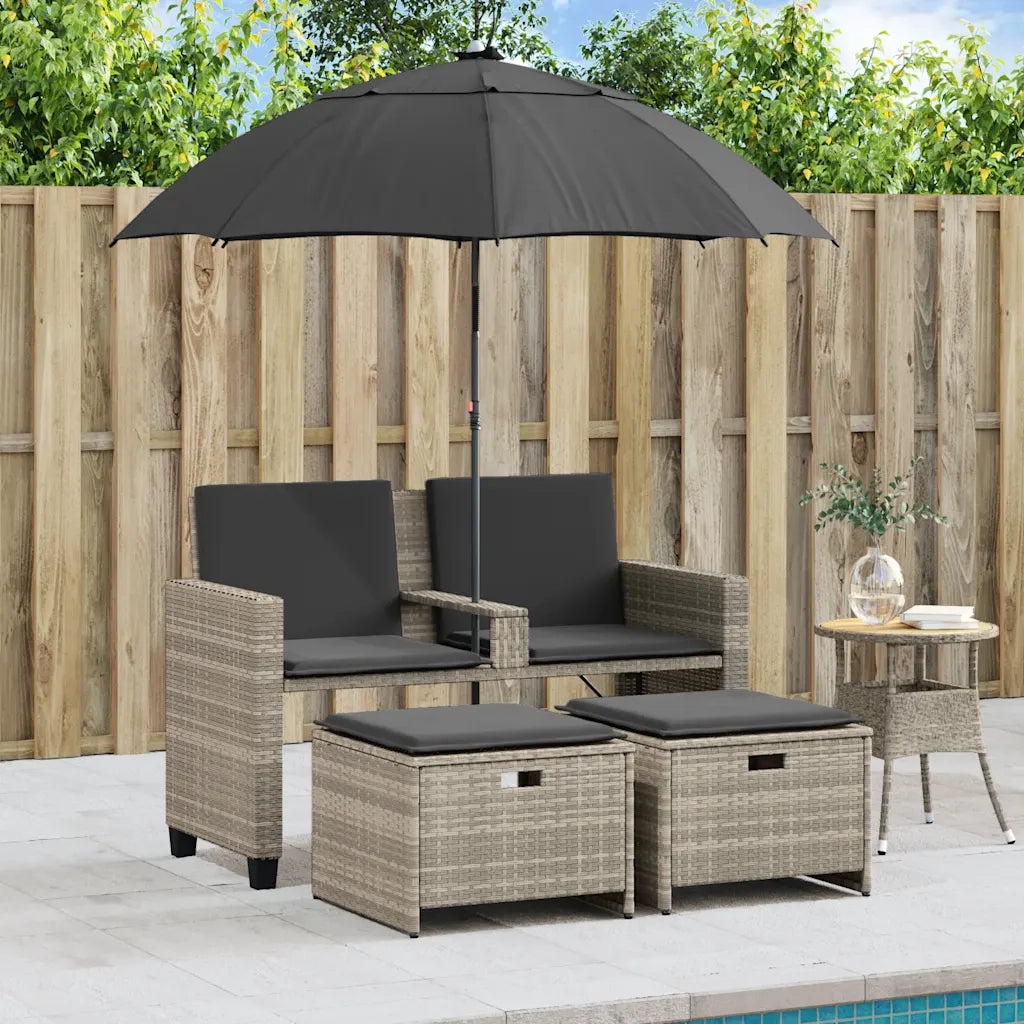 Divano 2 Posti-Sofa 2 Posti Ombrellone e Sgabelli Grigio Chiaro Polyrattan