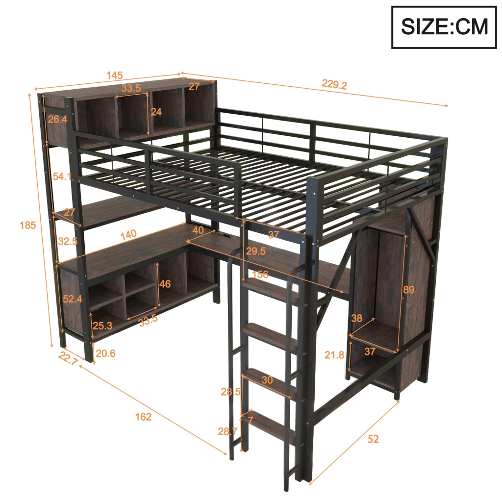 DESMIU Letto a soppalco 140 × 200 cm con scrivania, armadio, ripiani, LED e prese, senza materasso, metallo nero