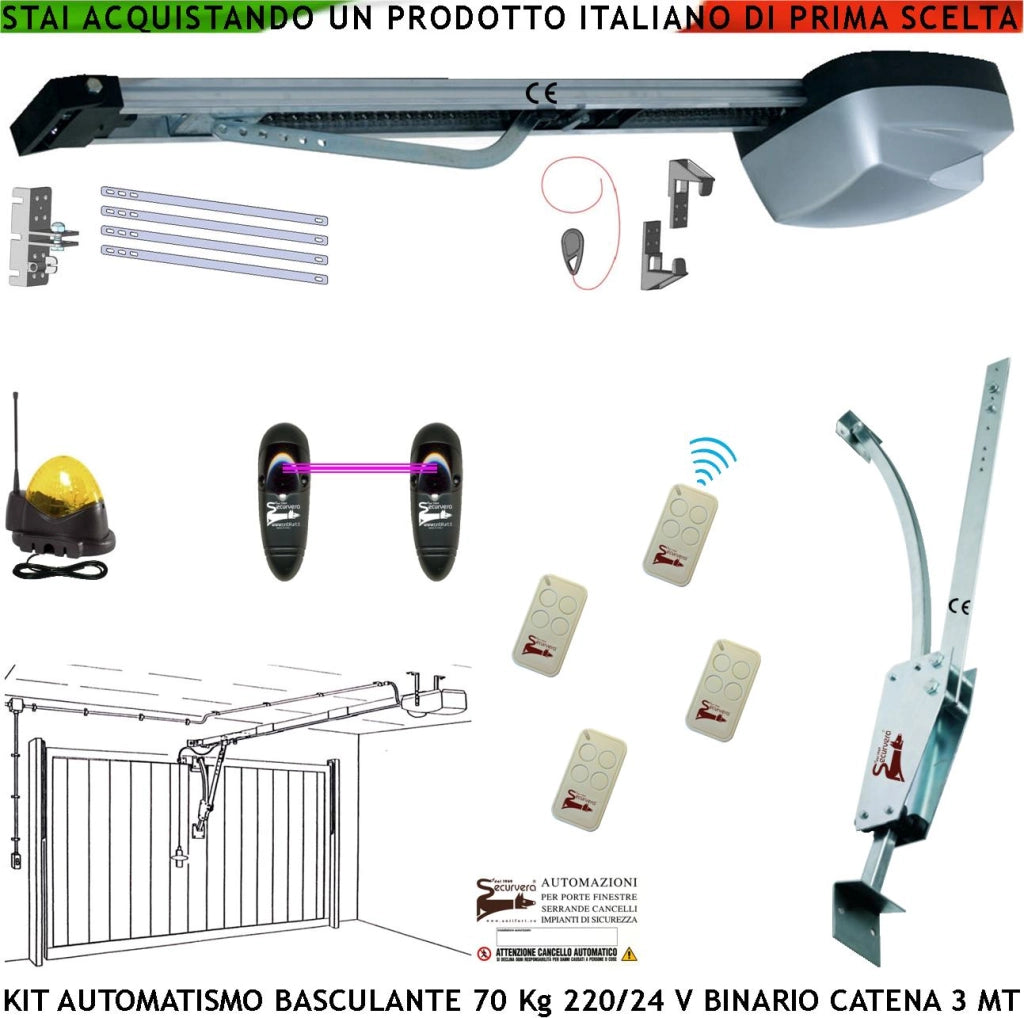 Basculante Cler 70 Kg Kit Motore 220/24 V da Soffitto Faro Antenna Archetto Oscillante 4 Radiocomandi Fotocellule Binario Alluminio Con Catena di Acciaio 3 Metri Sblocco Sul Pattino Luce di Cortesia