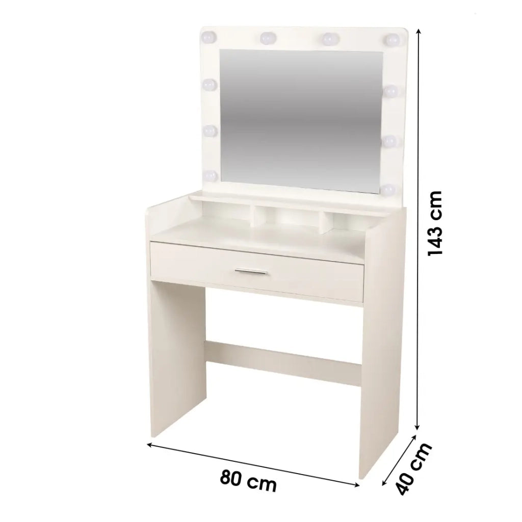 Toaletta design bianca con cassetto e specchio LED – 80x40x143 cm – Eleganza e funzionalità