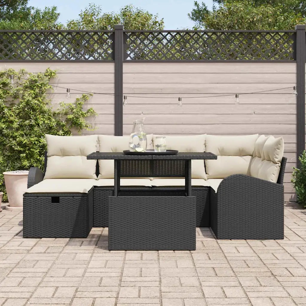 Set Divano da Giardino con cuscino 7 pcs Nero Poly Rattan