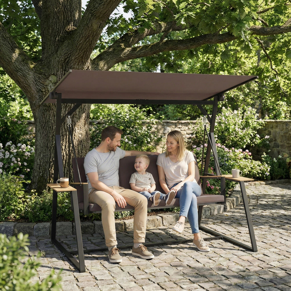 Dondolo da Giardino 3 Posti con Tettuccio Regolabile, Dondolo da Esterno in Metallo con Vassoi Porta Bicchieri, Cuscini Imbottiti, Portata 360kg, per Terrazzo Balcone, 222x131x175 cm, Marrone