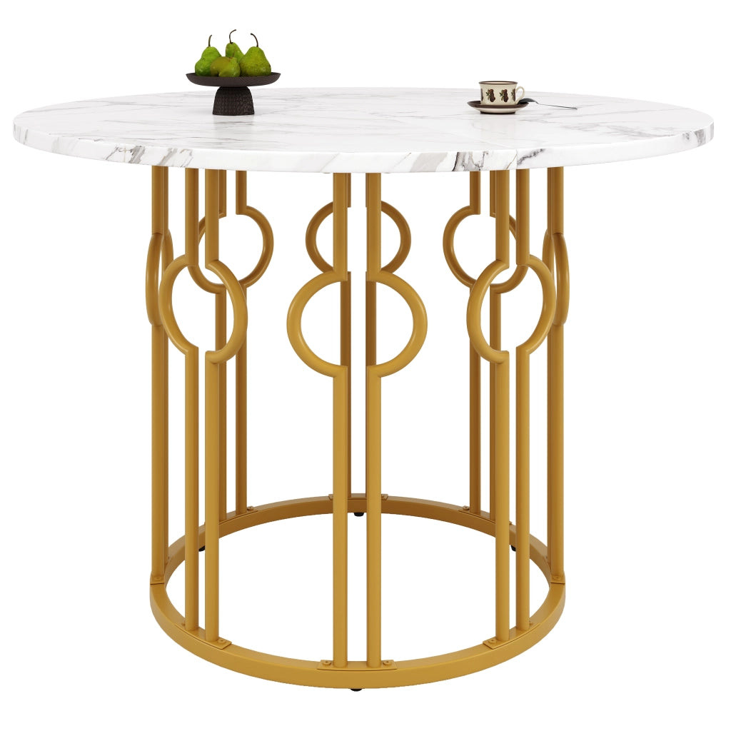 Tavolo da pranzo rotondo 100x100x76 cm in MDF e metallo, colore oro e bianco