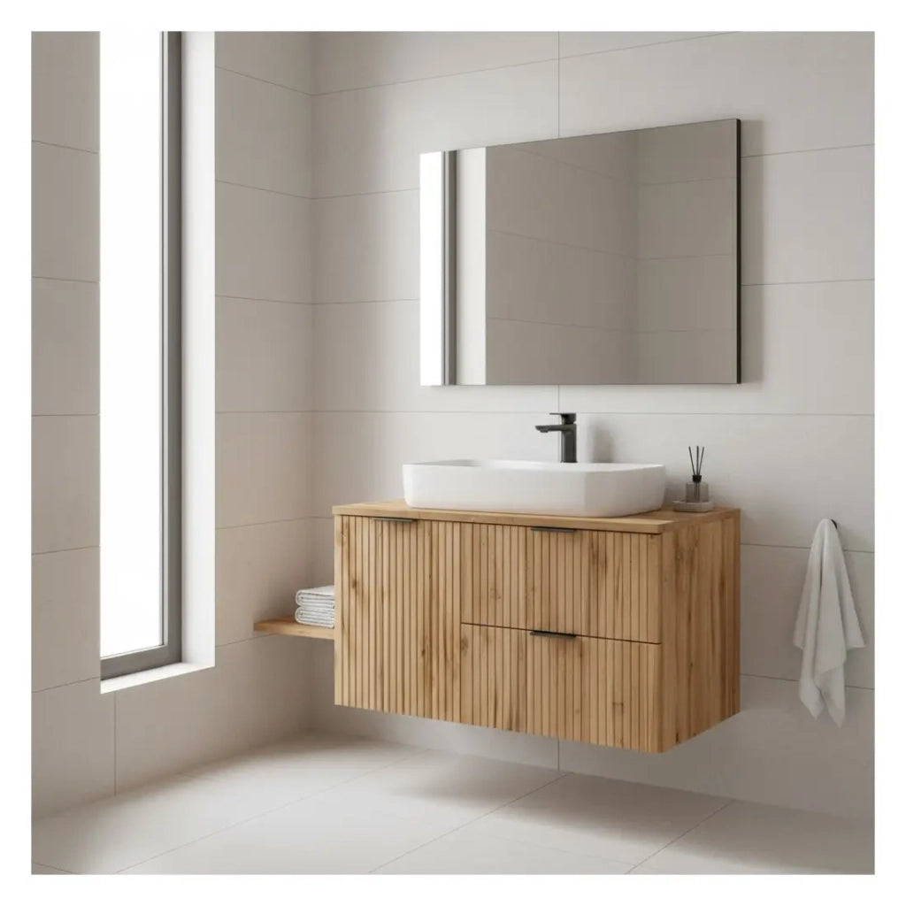 Set da bagno NOXERA 100 cm – Rovere wotan – piano per lavabo con cesto della biancheria