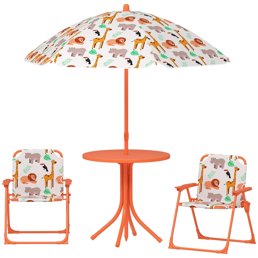 Set giardino bambini ¨C zephmum ¨C tavolo con 2 sedie pieghevoli e ombrellone, motivo animali, arancione