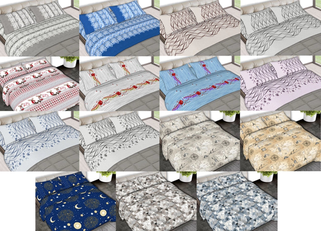 Completo Lenzuola Letto In 100% Cotone Made In Italy Disegni Assortiti C.N - Piazza E Mezza - Soffice Azzurro