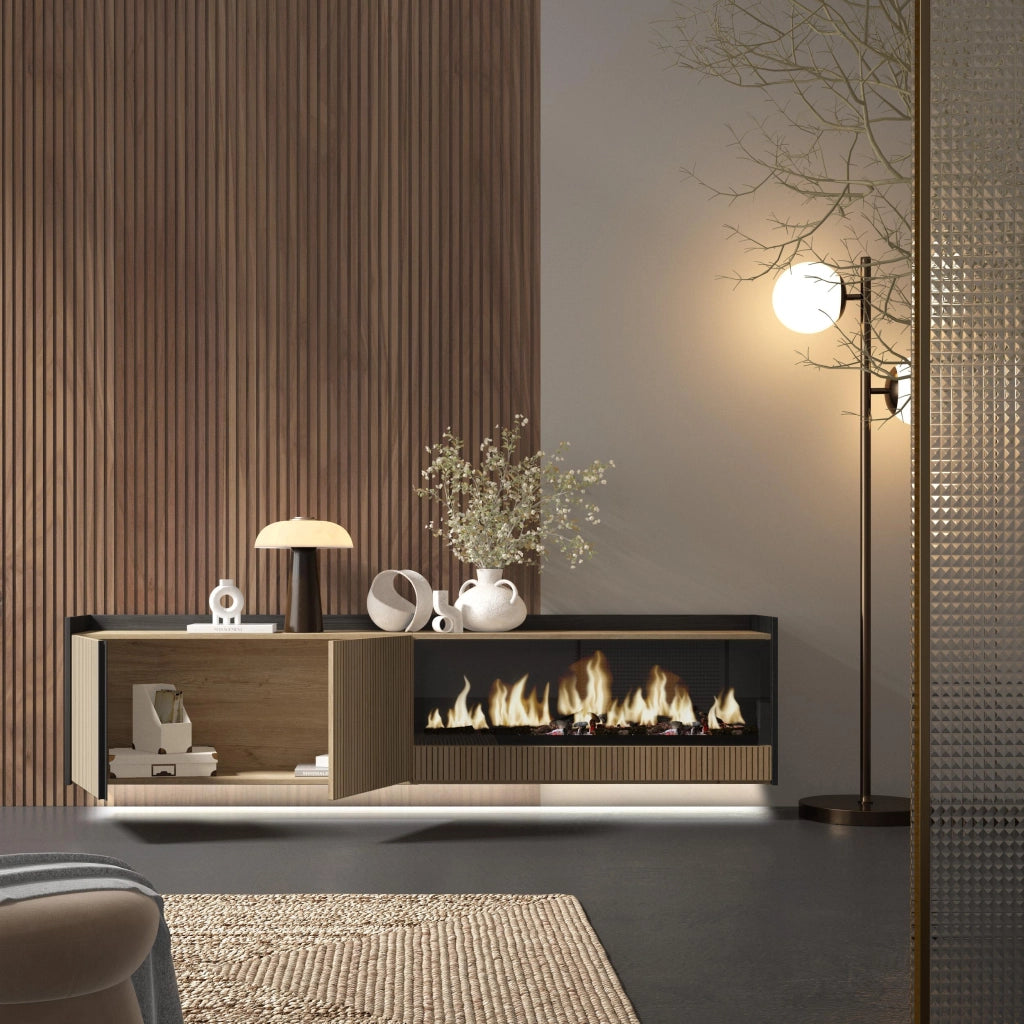 Mobile TV Soggiorno, 212x50x35 cm, Per TV fino a 80", Camino elettrico XXL, Sospeso, da appendere, Led, Rovere e nero