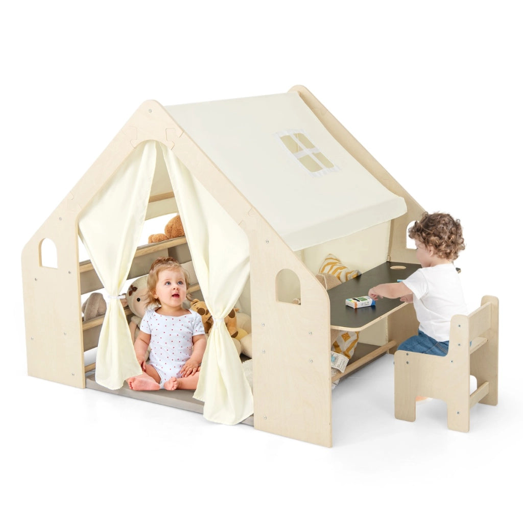 Tenda da gioco per bambini 6-in-1 in legno per interni con lavagna scrivania sedia, Casetta da gioco con tende Beige-Tende e Casette per bambini