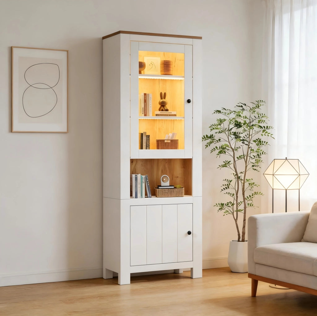 Vetrina alta con LED 70x40x188 cm; 2 ante; in pannello truciolare bianco e vetro