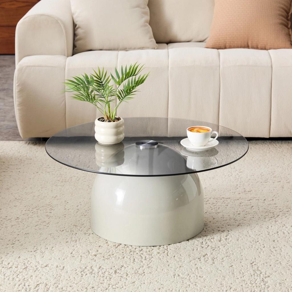 Tavolino da caffè rotondo con piano in vetro e base in acciaio al carbonio per soggiorno Ø 70 × 30 cm grigio