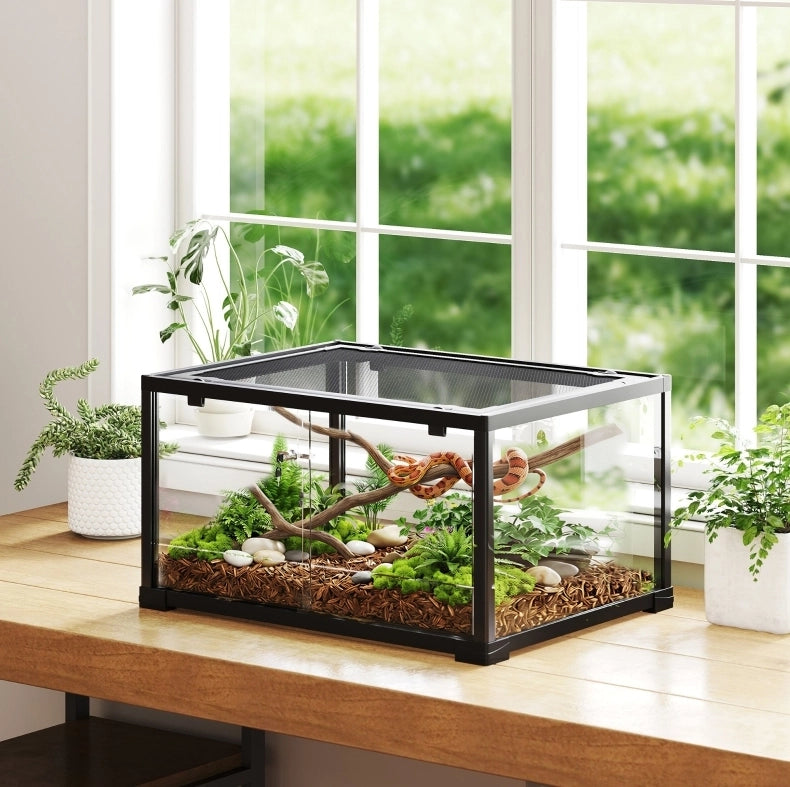 Terrario in vetro 86,3 L con porte scorrevoli, nero