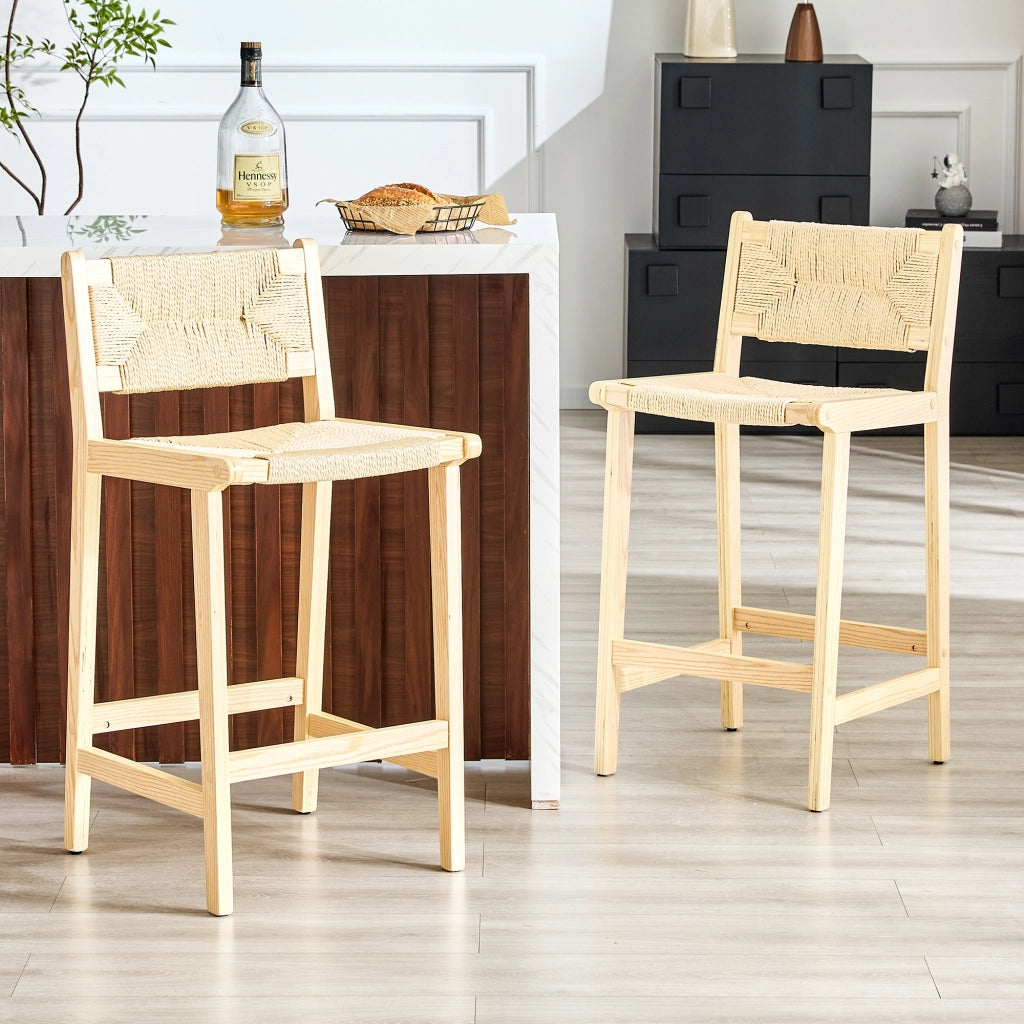 Sgabello da bar in legno massiccio e corda intrecciata con schienale curvo per cucina in marrone