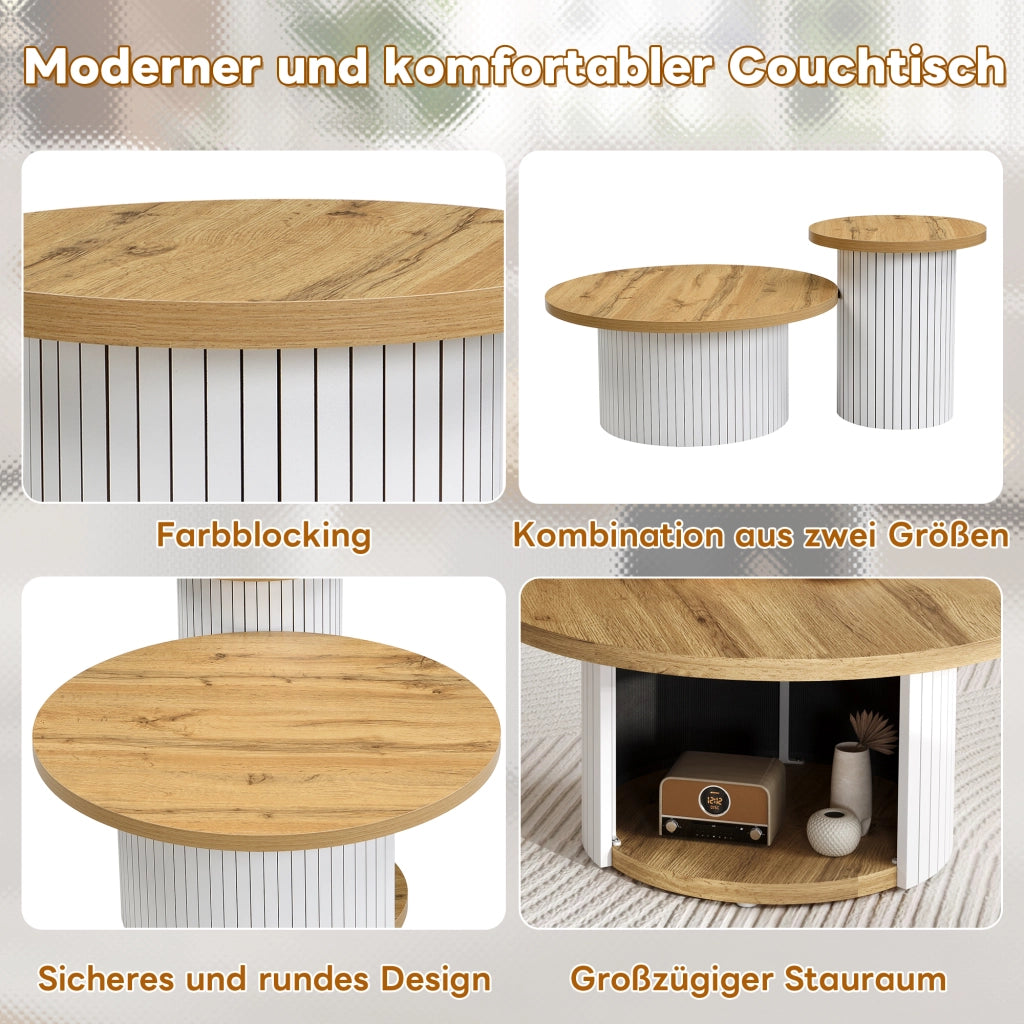 Tavolino da Caffè Rotondo con Tavolino Ausiliario, Spazio Di Archiviazione, Stile Nordico per Soggiorno, in MDF, Naturale
