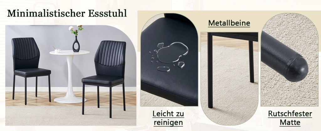 [Set di 4] Sedie da pranzo dallo stile lussuoso e leggero: schienale in PU nero con goffratura verticale + gambe in metallo nero. Adatte a sale da pra