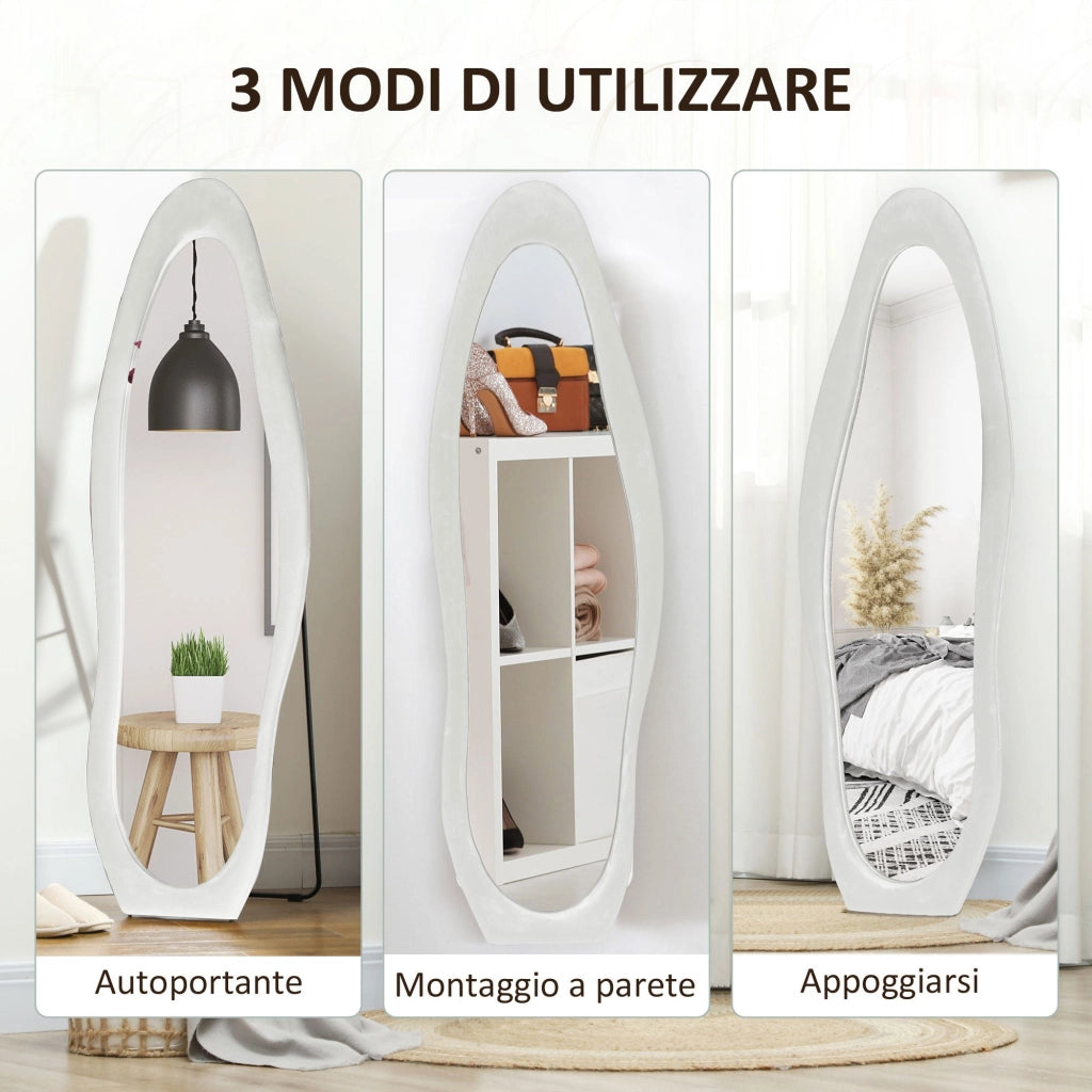 Specchio da Parete o da Terra Autoportante a Figura Intera con Cornice Ondulata in Velluto 160x50 cm Bianco
