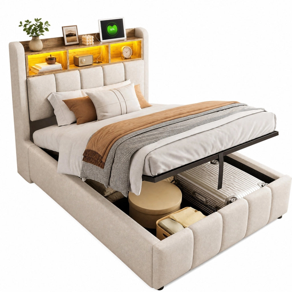 Letto imbottito 90x200 cm con LED, USB e vano contenitore