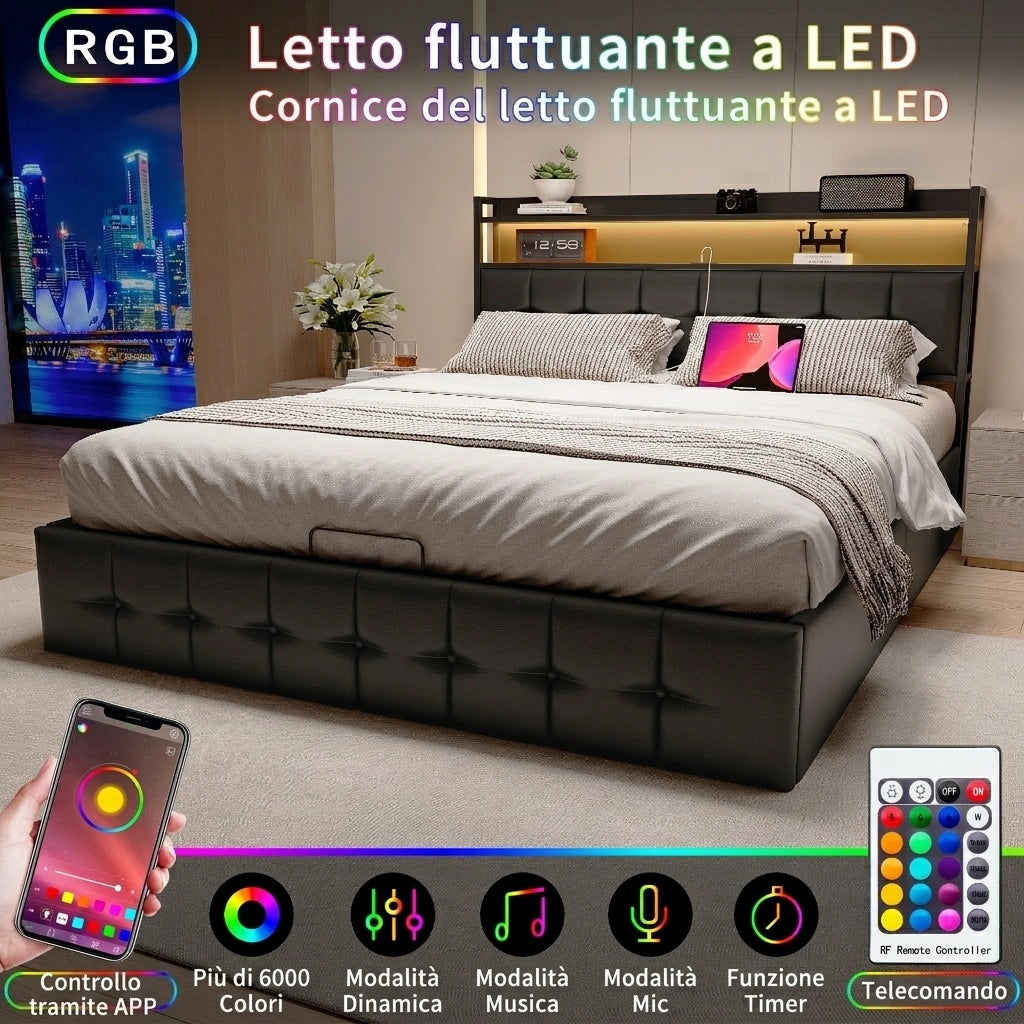 Letto matrimoniale 140x200 cm con contenitore LED USB testiera struttura letto MDF e PU - nero