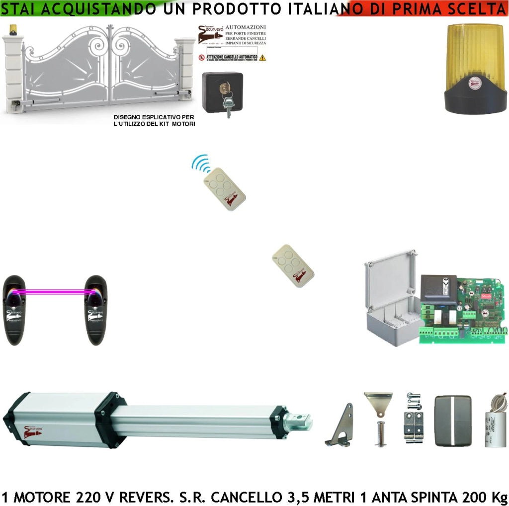 Automatismo per Cancello da 3,5 Metri Kit Base Ricambio Motore Elettromeccanico 230 V Stelo Retrattile Reversibile Corsa 600 mm Spinta 250 Kg Centrale2 Radiocomandi Fotocellule Faro Selettore 2 Chiavi