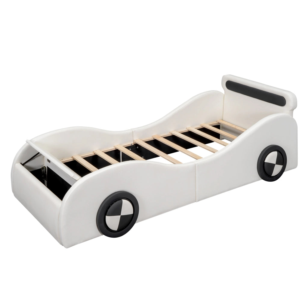 Letto Auto Imbottito per Bambini con Ruote LED e Contenitore ¨C MINIMAL ¨C PU Bianco 90x200
