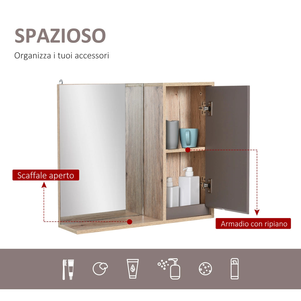 EasyComfort Mobiletto Bagno Salvaspazio da Bagno Sospeso con Specchio e Armadietto, incluso Ripiano Regolabile, Grigio e Rovere