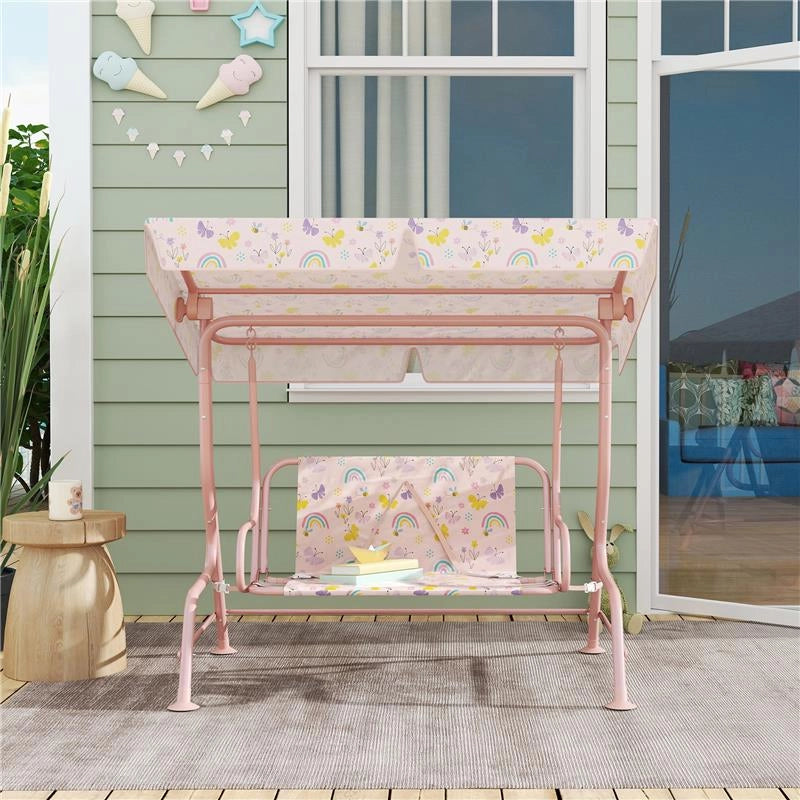 DONDOLO PER BAMBINI DA ESTERNO A 2 POSTI CON TETTUCCIO REGOLABILE E CINTURE DI SICUREZZA 112X75X120 CM ROSA