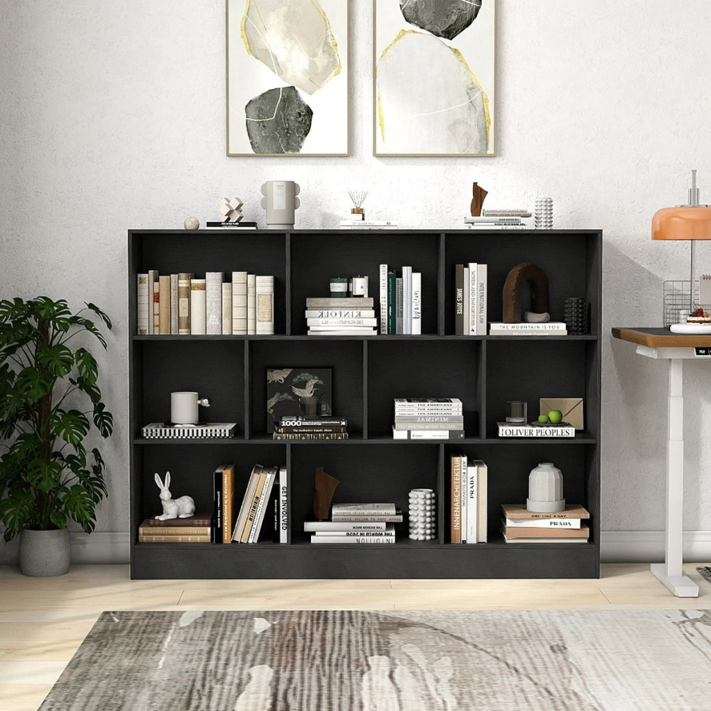 Libreria a 10 cubi con 2 kit anti-ribaltamento, Organizzatore di stoccaggio a 3 ripiani in legno alto 140cm Nero-Librerie