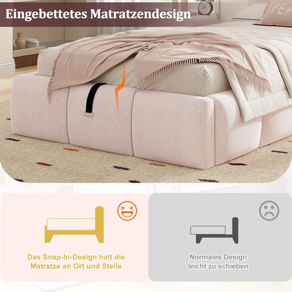 DESMIU Letto bambino 90 × 200 cm 1 posto con vano contenitore idraulico e USB, senza materasso, in velluto, rosa