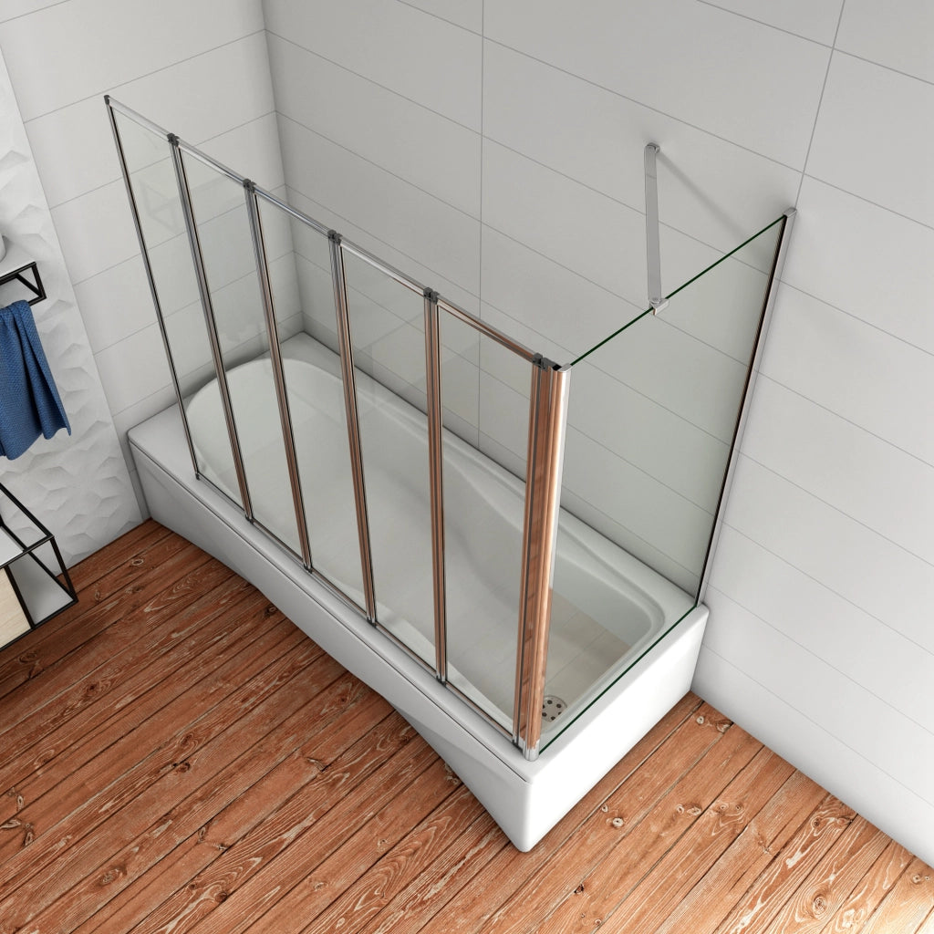120x140cm Parete Doccia Sopravasca Angolare 5 Ante Pieghevoli Vetro 4 mm con Parete Laterale 65cm Vetro Temperato 6 mm Trasparente Telai Cromi Lucidi