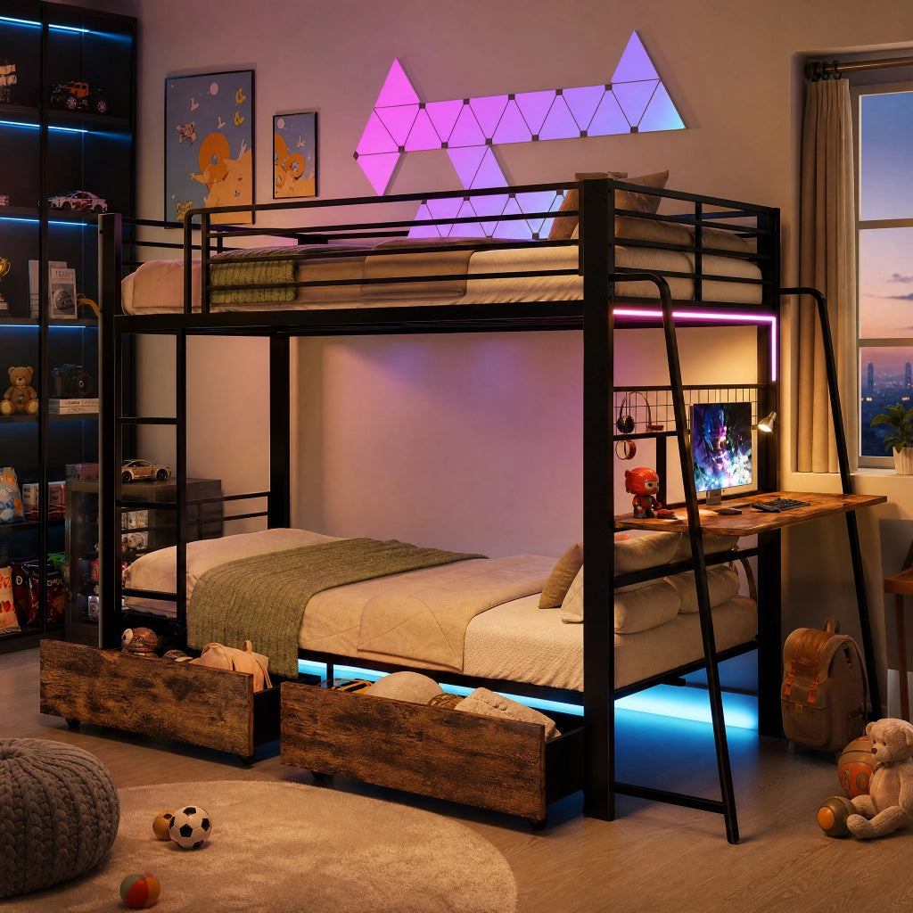 Letto a soppalco 140×200 cm con scrivania; LED regolabile; USB e Type-C; senza materasso; metallo; nero