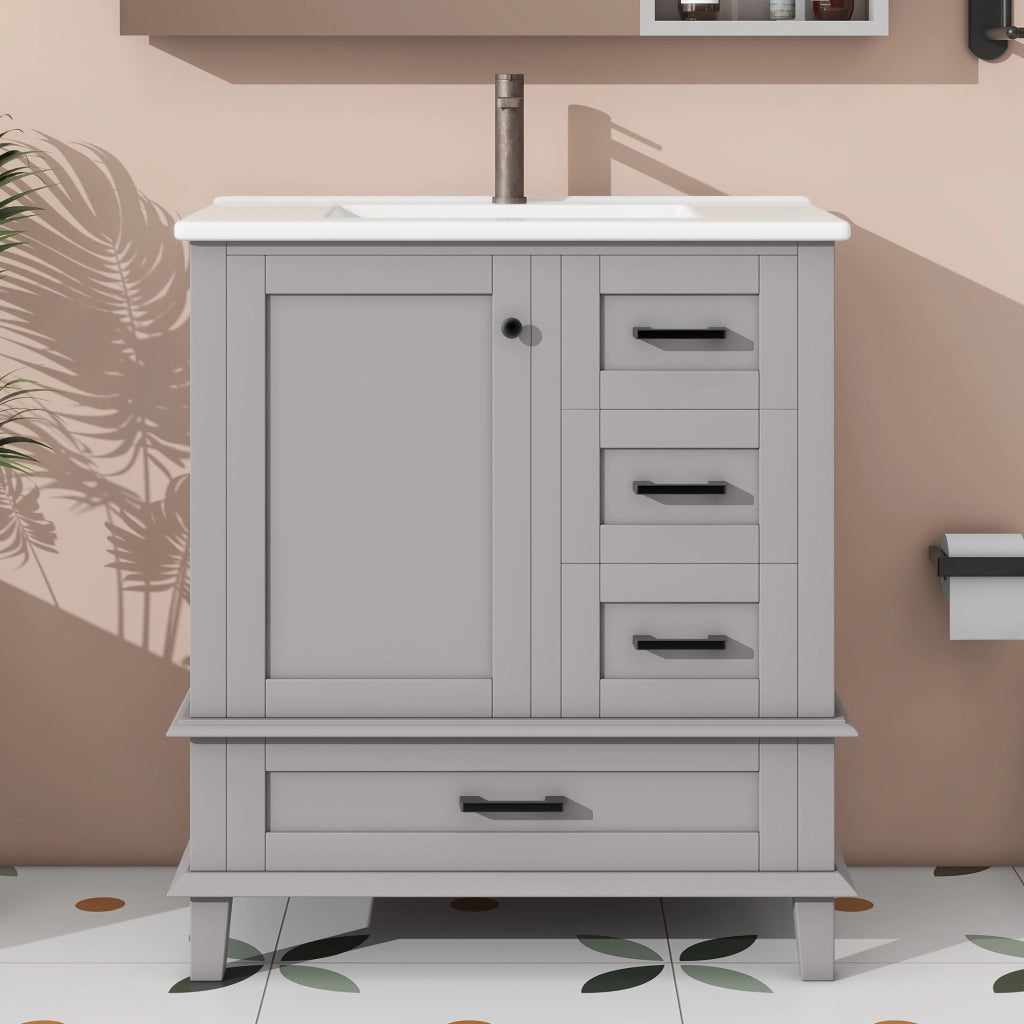 Mobile Bagno con Lavabo Integrato ¨C MINIMAL ¨C Grigio, 76x46x83.5 cm, 3 Cassetti, Ceramica