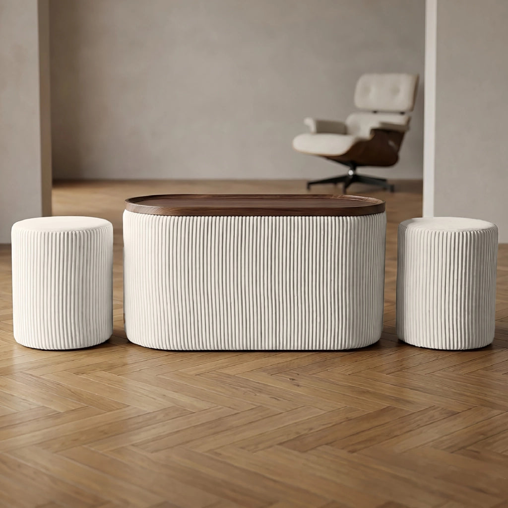 Set 3 Pouf Contenitore con Tavolino da Salotto Ovale in Velluto e Coperchio in Legno, 2 Pouf Interni Salvaspazio, Tavolino Contenitore Moderno, Seduta Imbottita Beige